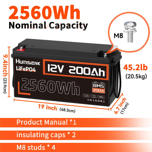 Humsienk 12V 200Ah LiFePO4 Battery Size Weight and Packing list